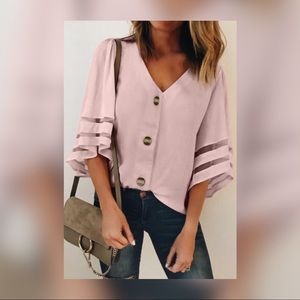 🆕 Flare Sleeve V Neck Button Down Blouse